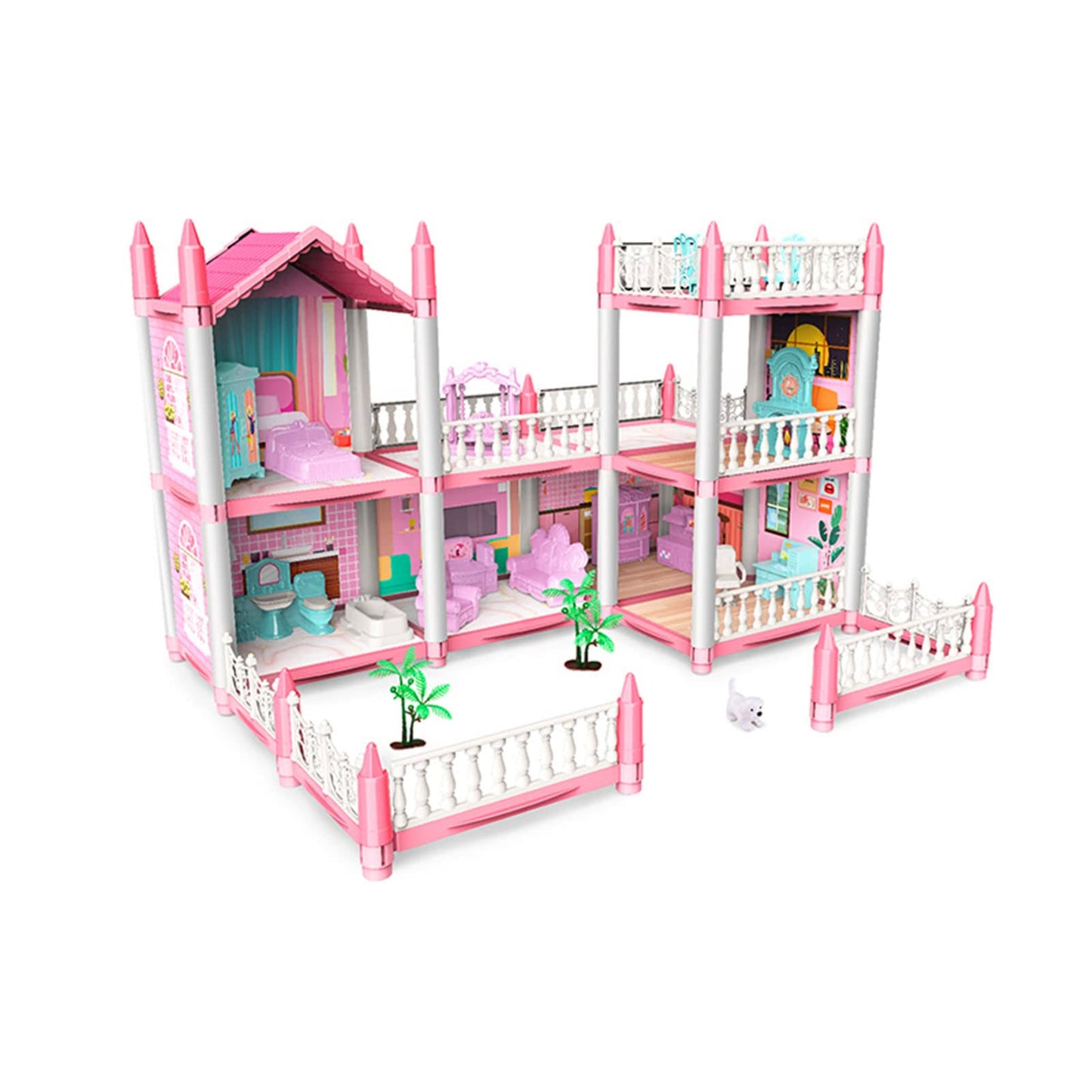 Dreamy Pink Dollhouse Playset, Equipped with 2 Dolls Figures and A Pet