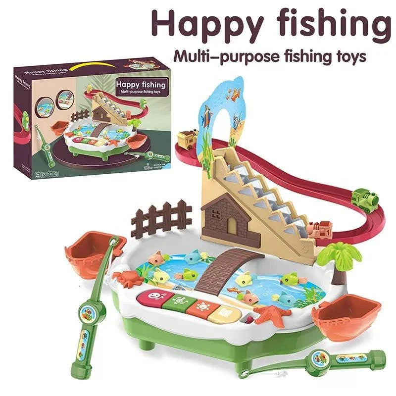 Happy Fishing Multi-function Slide Track Toy Storytelling Colorful Lights Stairs Electric Fishing Game Table Toy Set