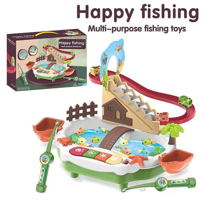 Happy Fishing Multi-function Slide Track Toy Storytelling Colorful Lights Stairs Electric Fishing Game Table Toy Set