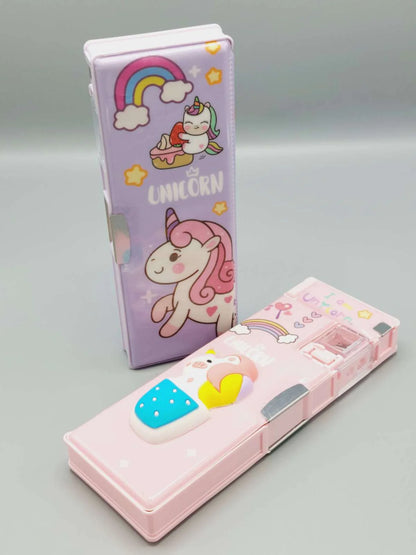 3D Unicorn Themed Double-Sided Magnetic Geometry Box with dual Sharpeners, Fancy Pencil Case for School kids-Boys and Girls