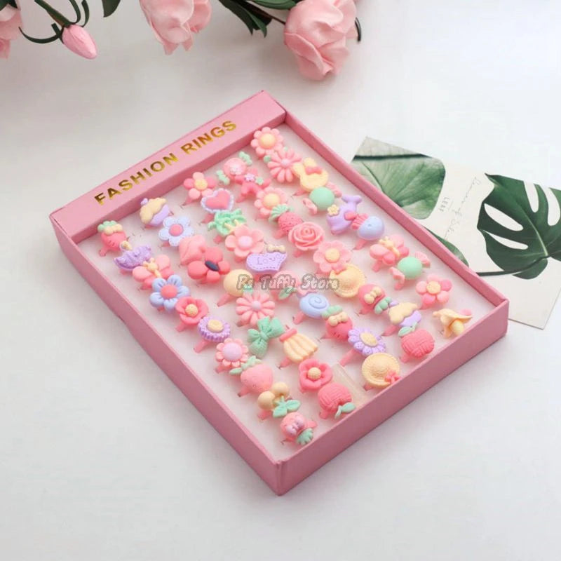 50pcs/lot Girls Princess Random Heart Flower Rings Sweet Party Jewelry Accessories