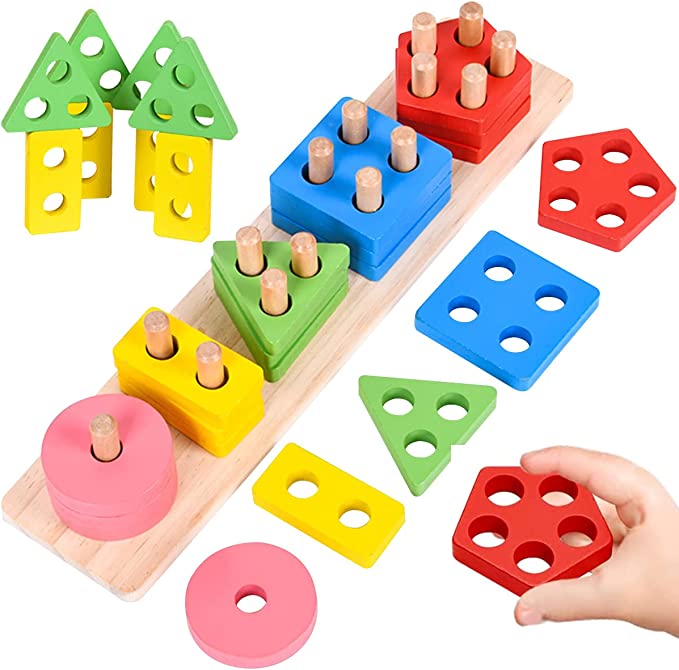 Wooden Sorting Stacking Toys, Shape Color Recognition Blocks Matching