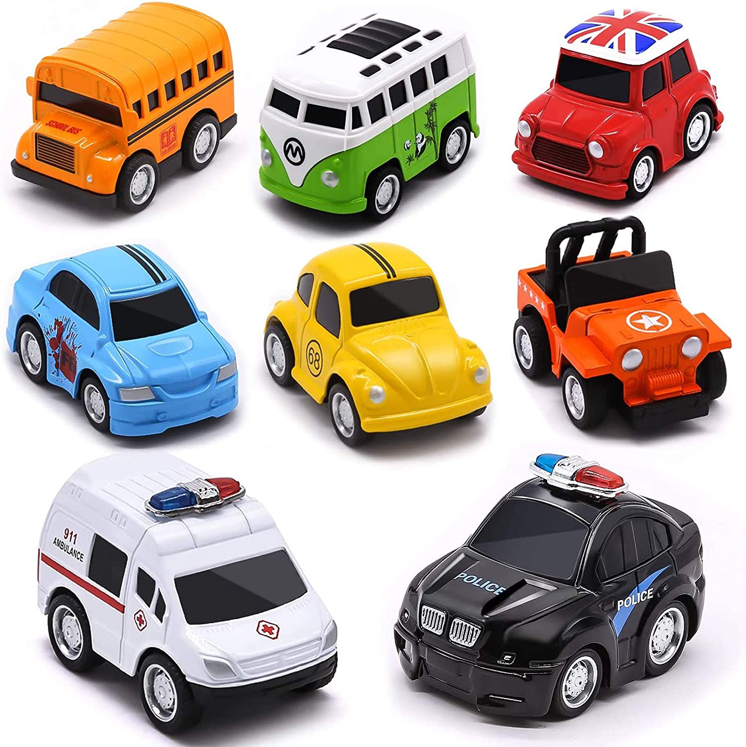 Die-cast Alloy Toy Vehicles Friction Powered Toy Monster Trucks, Buses, and Cars for Toddlers & Boys