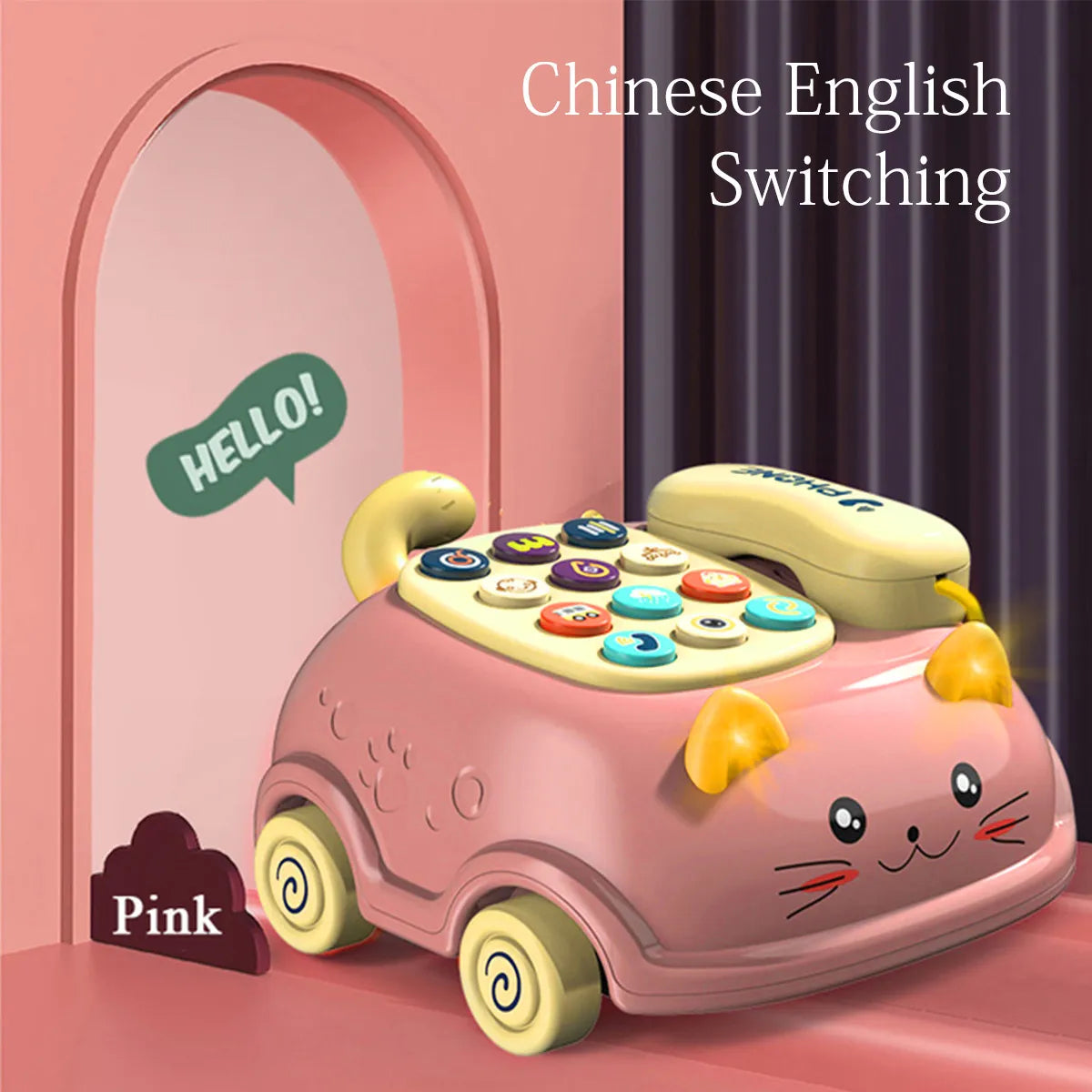 Baby Montessori Electric Telephone Toys with 12 Functions Children Cute Cat Car